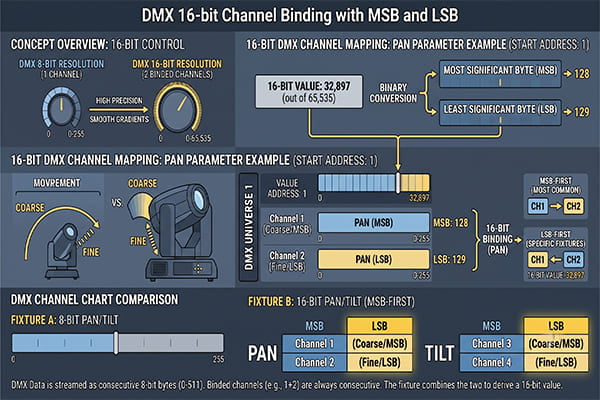 DMX channel diagram showing MSB and LSB